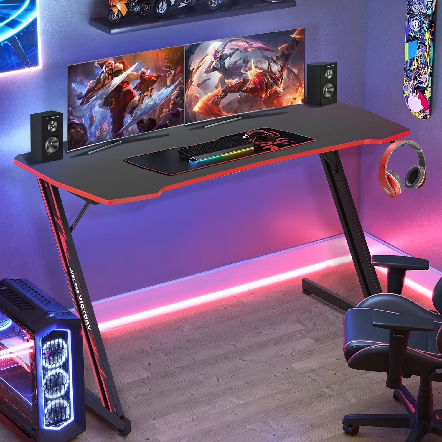 47 Inch Gaming Desk Z-Shaped Computer Desk Home Office Desk with Headphone Hook, Red